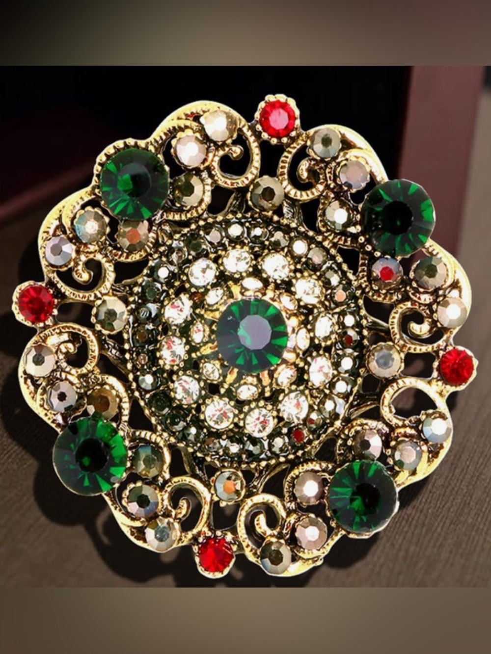 Gorgeous Antiqued Neiman Marcus Round Gemstone Crystal Brooch